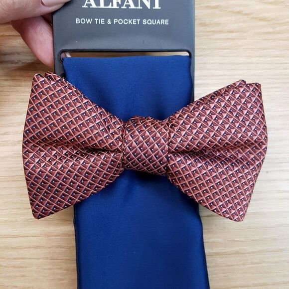 ALFANI Mens Bow Tie & Pocket Square Cognac Diamond Check Solid Blue Satin - Picture 2 of 5